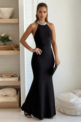 Black Rhinestone Halter Backless Maxi Dress