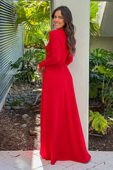 Red V Neck Maxi Dress With Slit