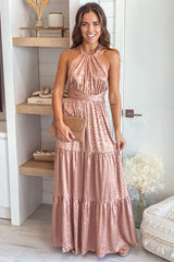 Champagne Animal Print Satin Maxi Dress With Open Back