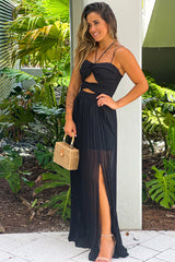 Black Pleated Maxi Dress With Cut Out Front