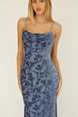 MEREDITH MAXI SLATE BLUE FLORAL BURNOUT DRESS