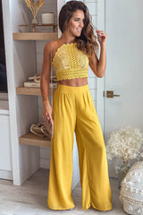 Mustard Pants And Lace Top Set