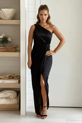 Black One Shoulder Satin Maxi Dress