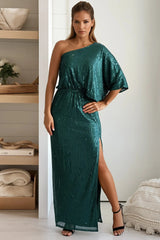 Green Sequined One Shoulder Maxi Dress