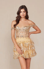 BRENNA MINI DRESS GOLD OFF SHOULDER TIERED SHORT DRESS