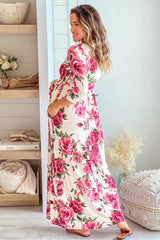 Cream Floral Maternity Maxi Dress With Sleeves