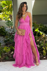 Pink Mesh Ruffled Maxi Dress With Slit