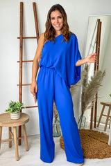 Royal Blue One Shoulder 3 4 Sleeve Jumpsuit
