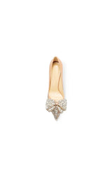 Gold Stiletto Heel Bow Mid Heel Pumps