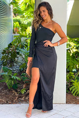 Black One Shoulder Maxi Dress With Tie