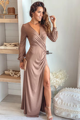 Mocha Maxi Dress with Long Sleeves and Slit
