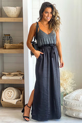 Black Maxi Dress With Silver Sequin Top