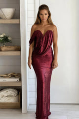 Wine Slinky Foil One Shoulder Draped Maxi Dress