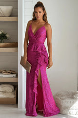 Hot Pink Sequin Ruffle Maxi Dress