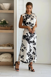 Cream Printed Satin Midi Dress