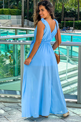 Blue V Neck Maxi Dress With Tie Straps