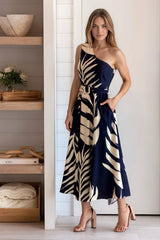 Navy Leaf Printed One Shoulder Dress