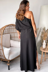 Black One Shoulder 3 4 Sleeves Maxi Dress