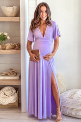 Violet Maternity Maxi Dress with Slit and Short Sleeves