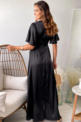 Black Satin Twist Front High Low Dress