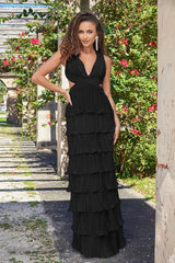 Saylor Pleated Satin Ruffle Maxi Dress Black