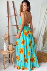 Aqua Floral Maxi Dress With Open Back