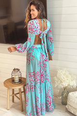 Turquoise And Pink Maxi Dress With Cut Out And Long Sleeves