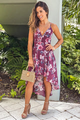 Burgundy Floral High Low Dress With Lace Back