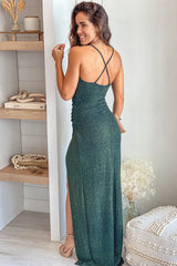 Hunter Green Glitter Maxi Dress With Slit