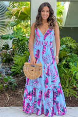Blue Printed Maxi Dress With Button Details