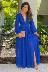 Royal Blue Pleated V Neck Maxi Dress