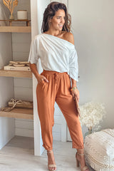 White And Camel One Shoulder Jumpsuit