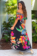 Black Printed Off Shoulder High Low Dress