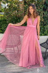 Rose V Neck Tulle Maxi Dress with Criss Cross Back