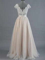 Cap Sleeve V Neck Lace Tulle Wedding Dress With Zipper Back