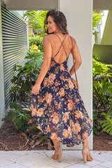 Navy Floral Maxi Romper With Criss Cross Back