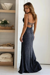 Black Glitter Maxi Dress With Slit And Strappy Back