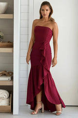 Wine Strapless Ruffled High Low Maxi Dress
