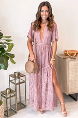 Mauve Lace Maxi Romper With Short Sleeves