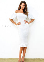 Skyla Shirred Midi Dress WHITE