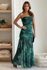 Green Printed Mesh Maxi Dress With Slit