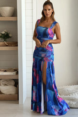 Blue And Pink Ruched Maxi Dress With Slit