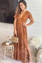 Espresso Lace Maxi Romper with Sleeves and Slits