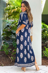 Navy Printed Button Down Maxi Dress