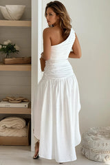 White Asymmetrical One Shoulder High Low Dress