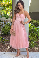Blush Tulle Midi Dress With Lace Detail