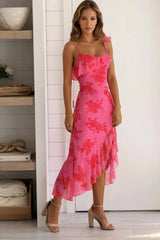 Pink Floral Mesh Slit Midi Dress
