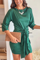 Hunter Green Satin Short Dress With Knot Detail