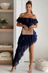 Midnight Off Shoulder Ruffled Asymmetrical Dress