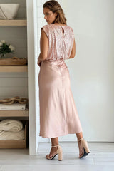 Champagne Sequined Top Satin Midi Dress